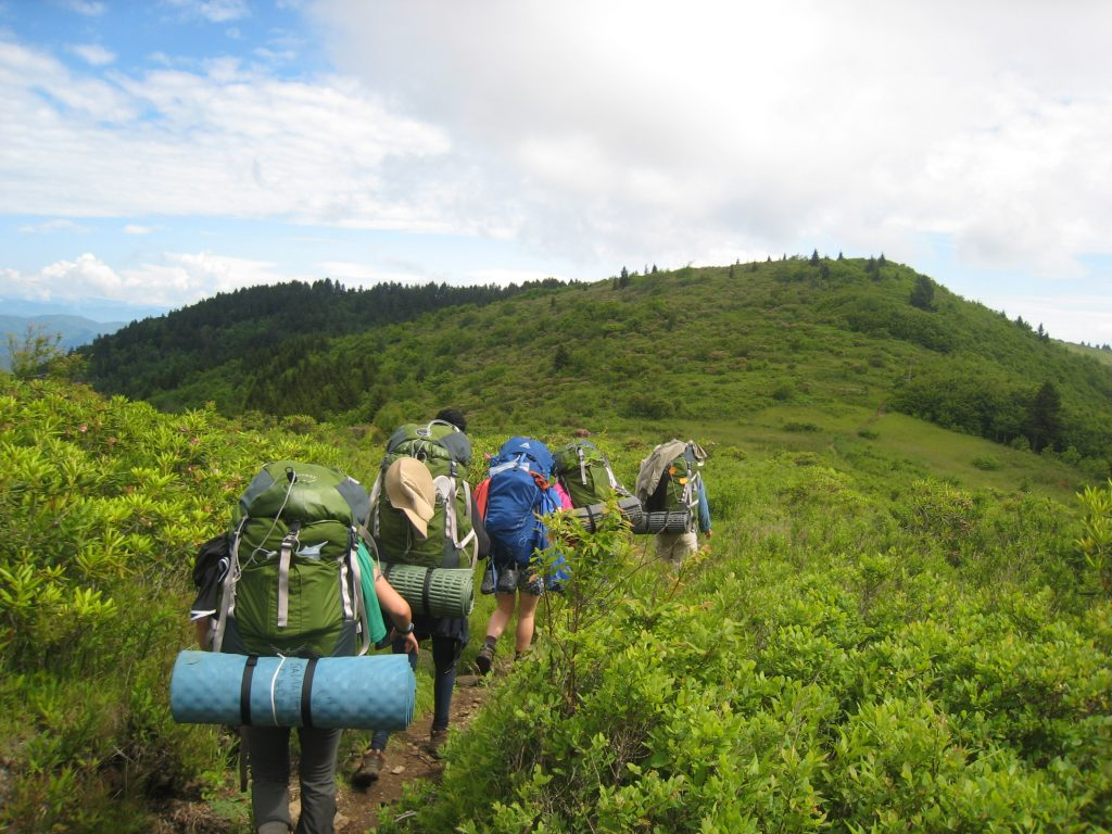 a group of people walking a trail in canada